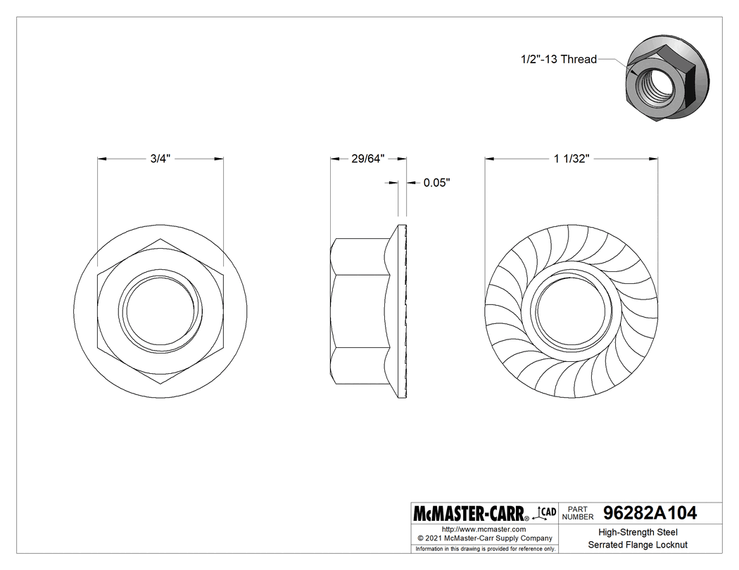 Technical Drawing of Zinc-Plated High-Strength Steel Serrated Flange Nuts, Grade 8, 1/2"-13 Thread Size.